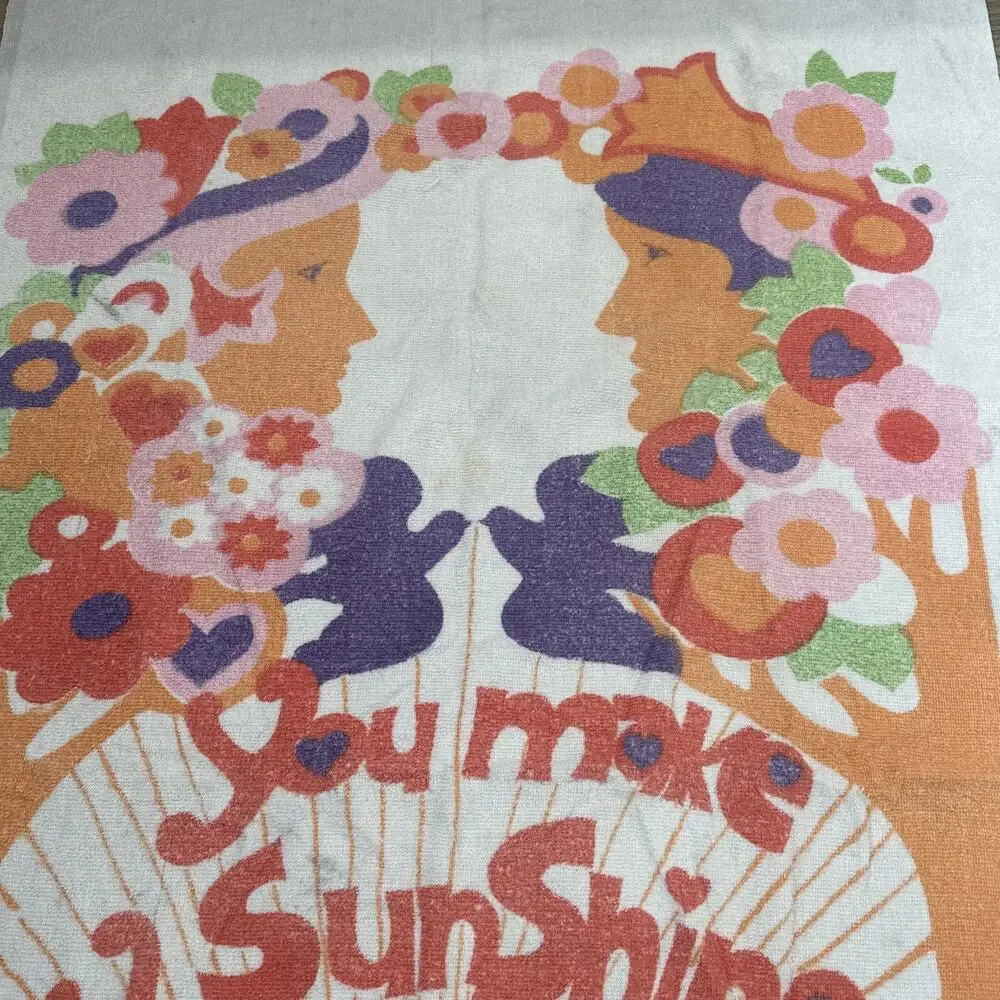 Vintage Fringed Groovy Beach Towel Hippie Flower Power “You Make My Sunshine”